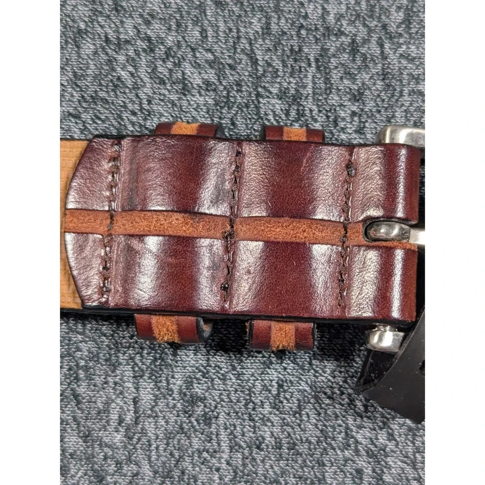 Made in Italy Brown Leather Belt with Suede Inlay Solid Brass Buckle 38 Inch